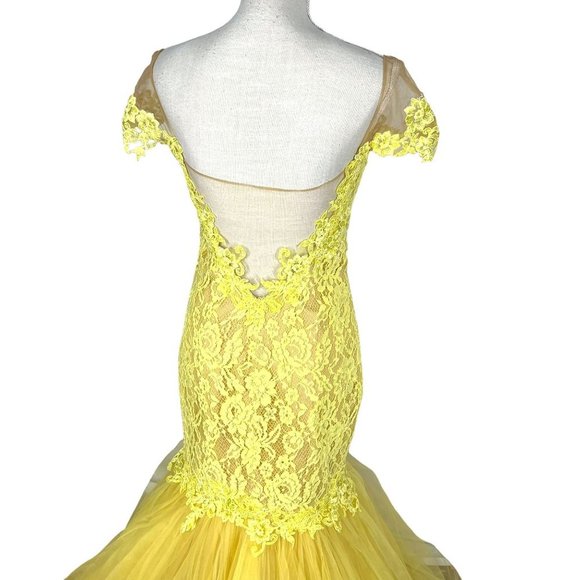 Tarik Ediz Yellow Floral Lace Plunge Neckline Cap Sleeve Mermaid Dress Size 8 - Picture 5 of 16